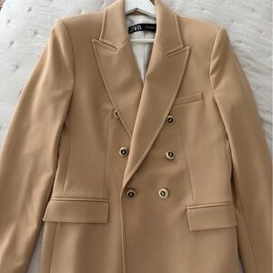 Zara Tan Double-Breasted Blazer with Gold Buttons